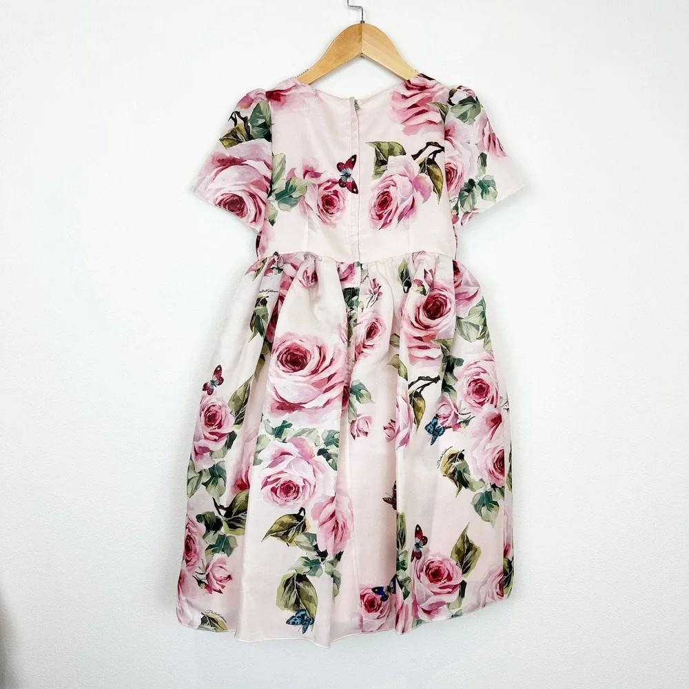 Dolce & Gabbana Girls Pink Rose Butterfly Farfalle Silk Dress Size 7/8